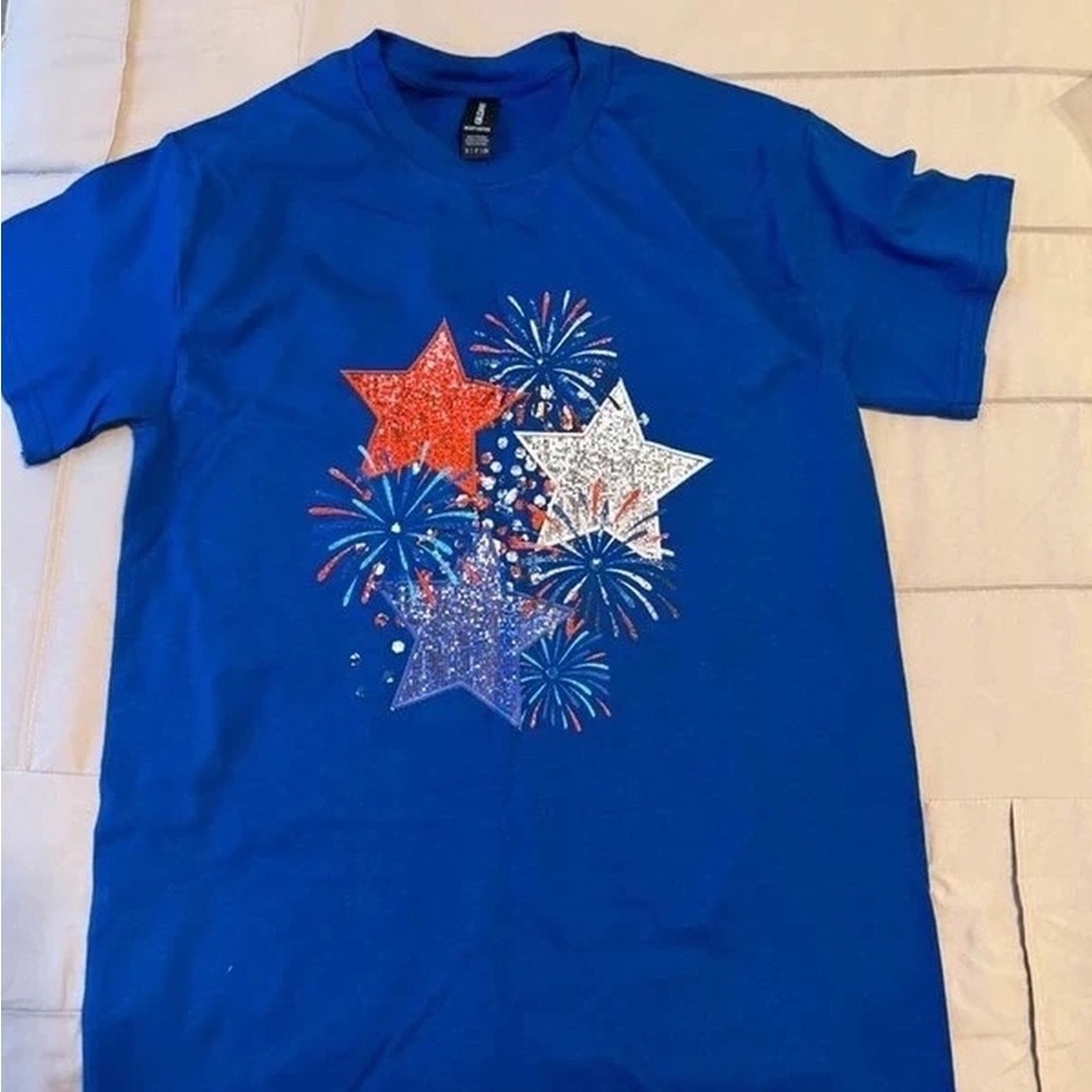 Gildan Blue Kids Tee with Red, White & Blue Star Fireworks Graphic